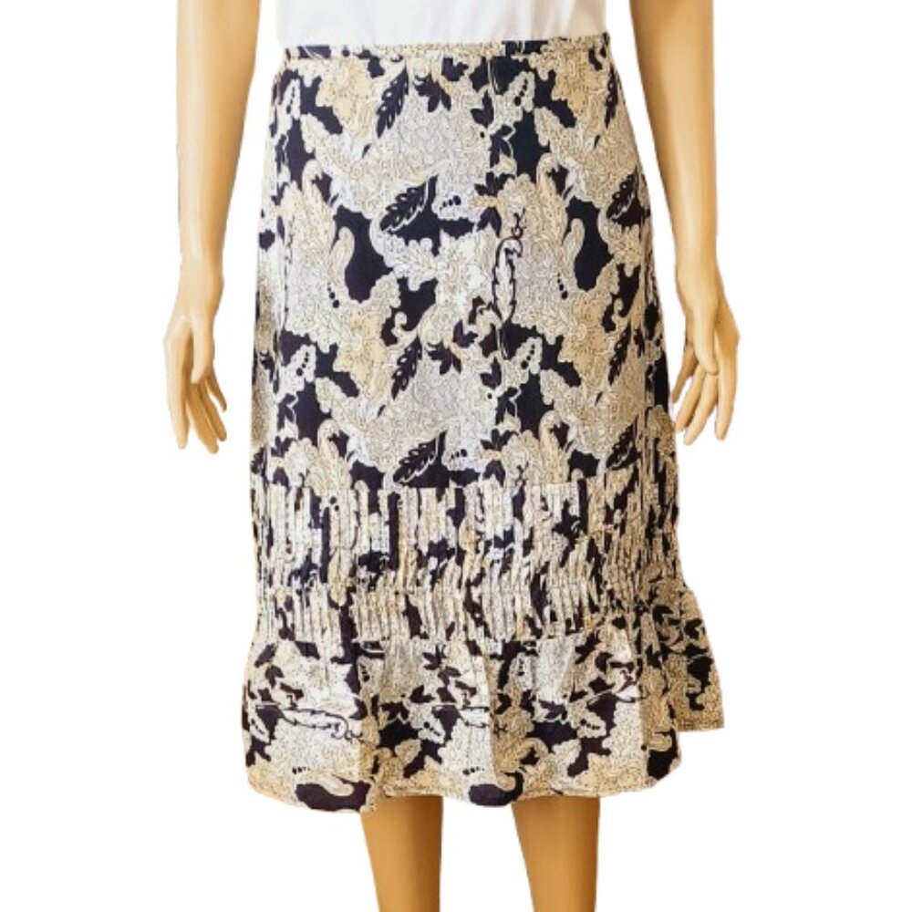 Apostrophe Women's Paisley Pleated Skirt 2 Black & Tan Ruffle Hem Lined
